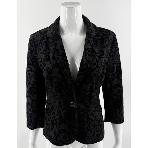 Dressbarn Blazer Jacket Size Small Black Velour Floral Pattern 3/4 Sleeve Womens - Picture 1 of 7